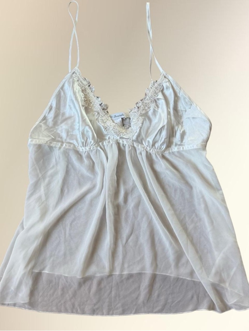 Intimo White Sheer Lace-Trim Chemise with Adjustable Spaghetti Straps